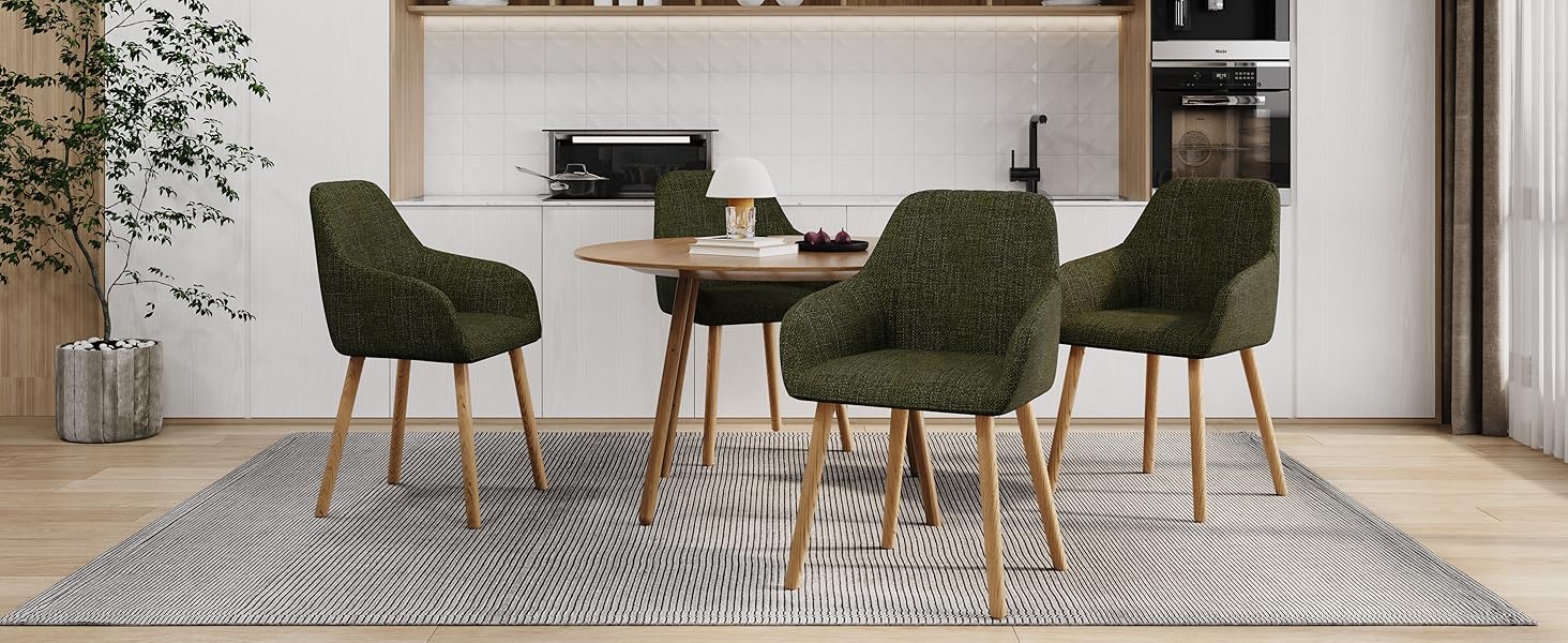 Набір з 4-х стільців для їдальні з підлокітниками, бежевий, з м'яким сидінням та дерев'яними ніжками, з поліестеру