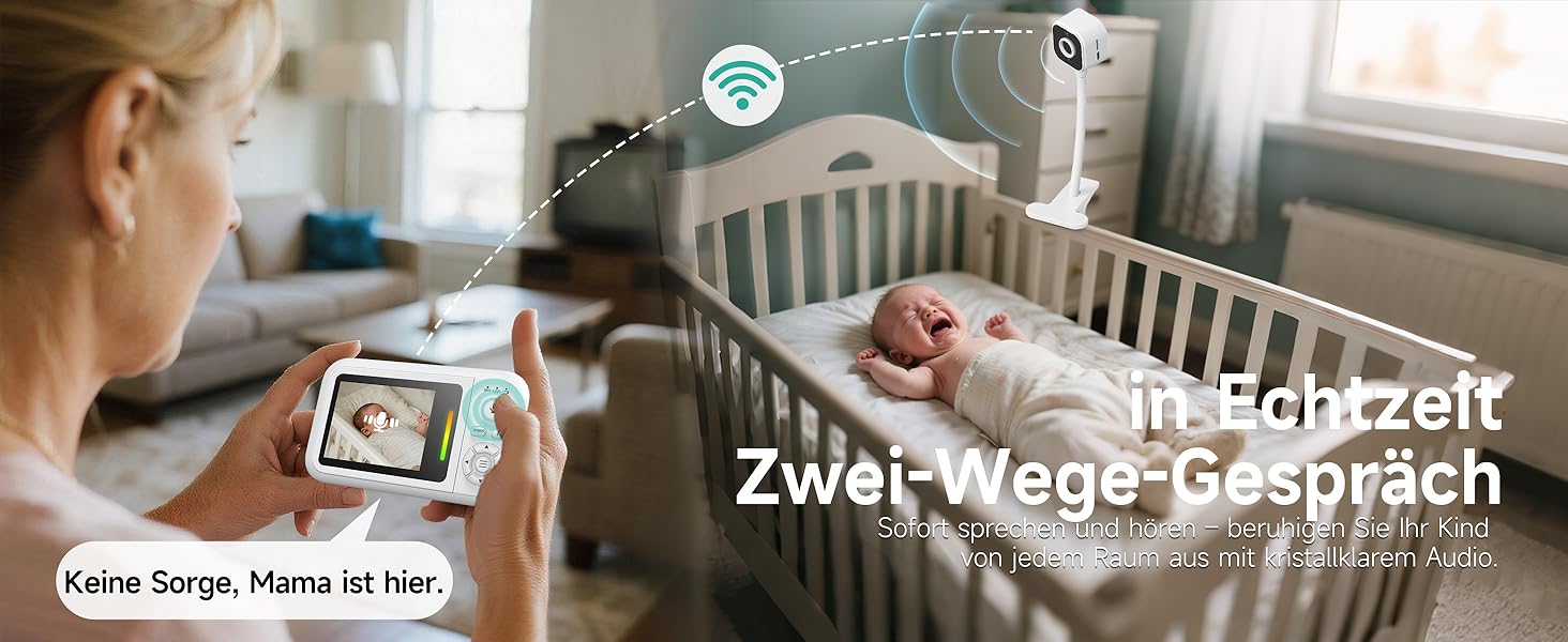 Відеоняня з камерою 1080P без Wi-Fi: монітор, тримач, кліпса для ліжечка, двосторонній звук, датчик температури, виявлення плачу, нічне бачення, 8 колискових, запис фото/відео, SD-карта в комплекті (біла)