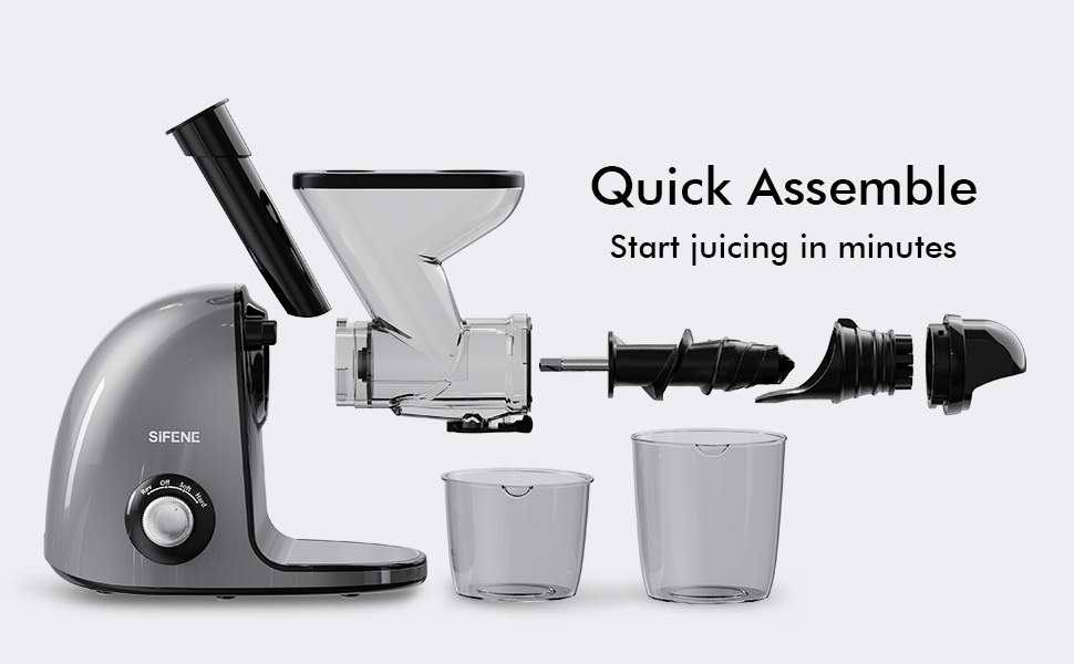 Соковижималка SiFENE Slow Juicer - подвійний калібр, не засмічується, функція реверсу проти блокування, дрібне подрібнення без фільтра, електрична соковижималка, зі щіткою та 2 чашками сірого кольору