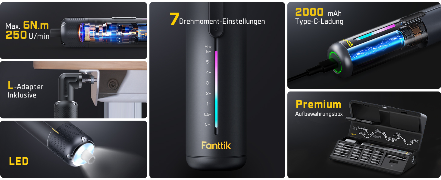Акумуляторний шуруповерт Fanttik S2 Pro 3.7V, 7 моментів (0.5-6 Нм), 20 біт, адаптер 90°, для меблів та ремонту