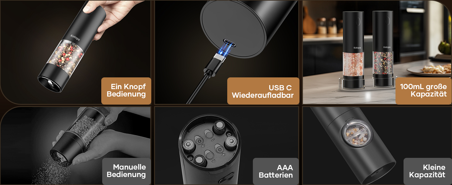 Електричні солі та перечні млини 2 шт. (чорні) з регулюванням помелу, LED-підсвічуванням та великим резервуаром 100 мл