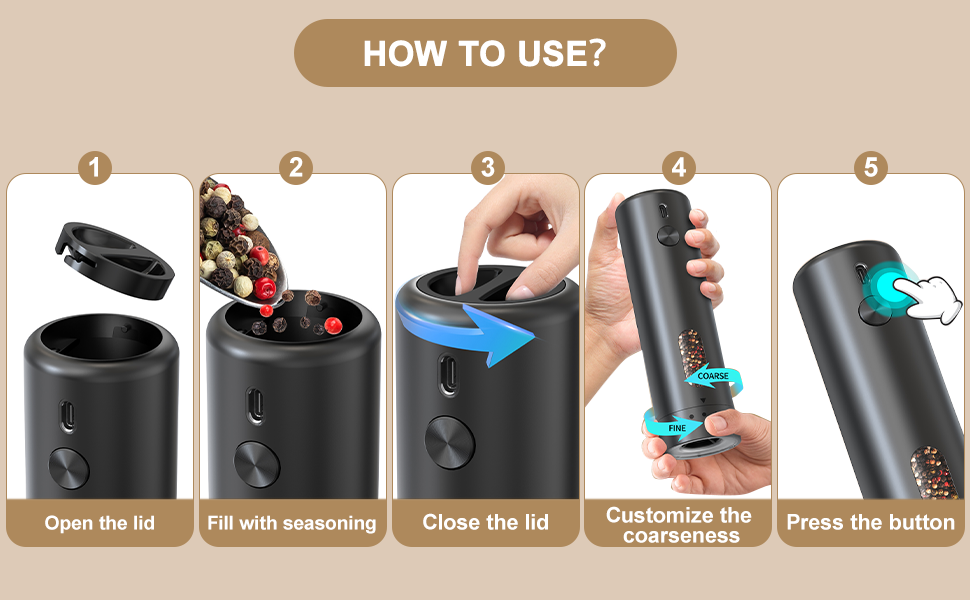 Електричний набір для солі та перцю з зарядною станцією, об'єм 110 мл, перезаряджувана соляна млинка з 5 рівнями, керамічна млинка з щіткою (1 шт, чорний)