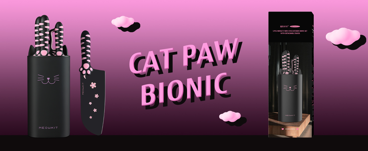 Набір кухонних ножів MeowKit 5 предметів з нержавіючої сталі, милий набір ножів з знімним блоком та ножицями, котяча форма, чорний, рожевий, рожевий