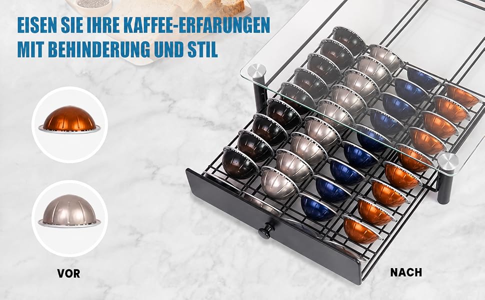 Тримач для капсул Nespresso Vertuo з загартованого скла, органайзер для зберігання 40 капсул VertuoLine (Next & Plus), протиковзаюча шухляда, чорний