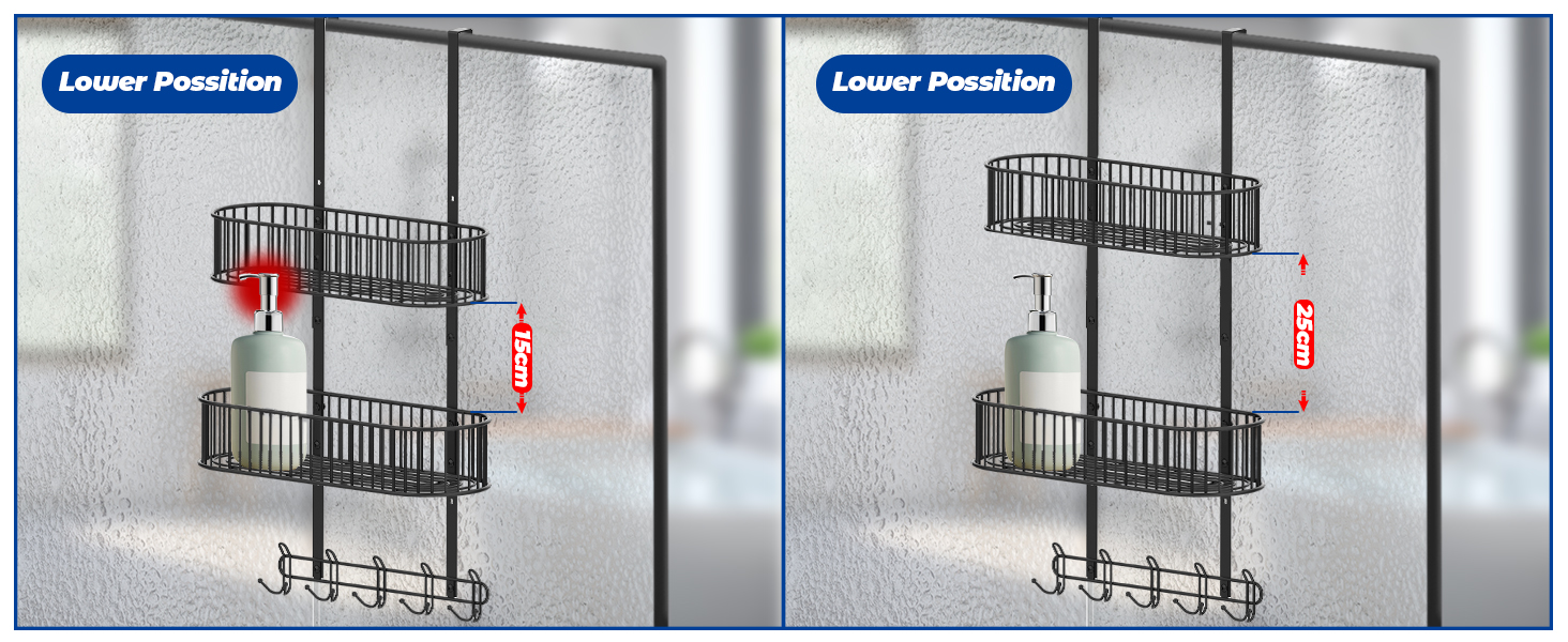 Настінна поличка для душу без свердління, чорна, для скляних душових кабін, регульована висота, 3 гачки, для шампуню та гелю для душу