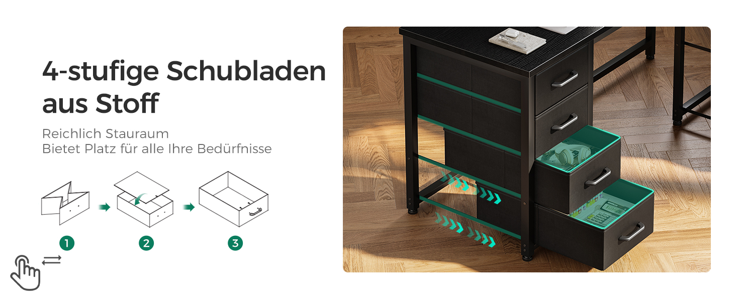 Комп'ютерний стіл Coleshome L-подібний з висувними ящиками з тканини, USB-порт та розетка, для дому та офісу (Чорний, 140x70 см)