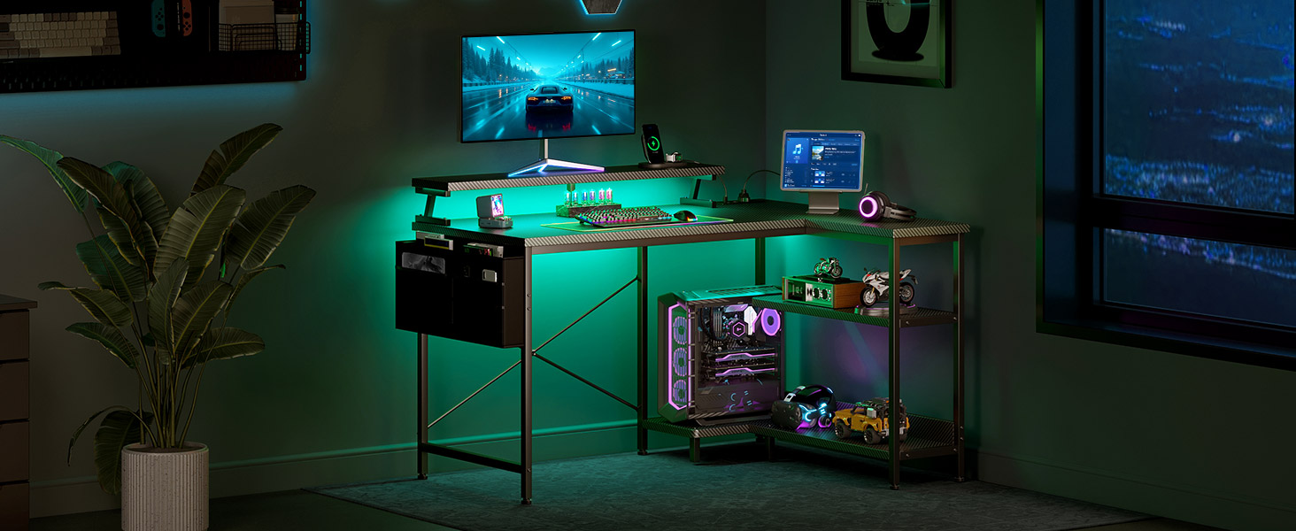 Ігровий кутовий стіл Coleshome з полицями та USB-розетками, з LED-підсвіткою для дому та офісу