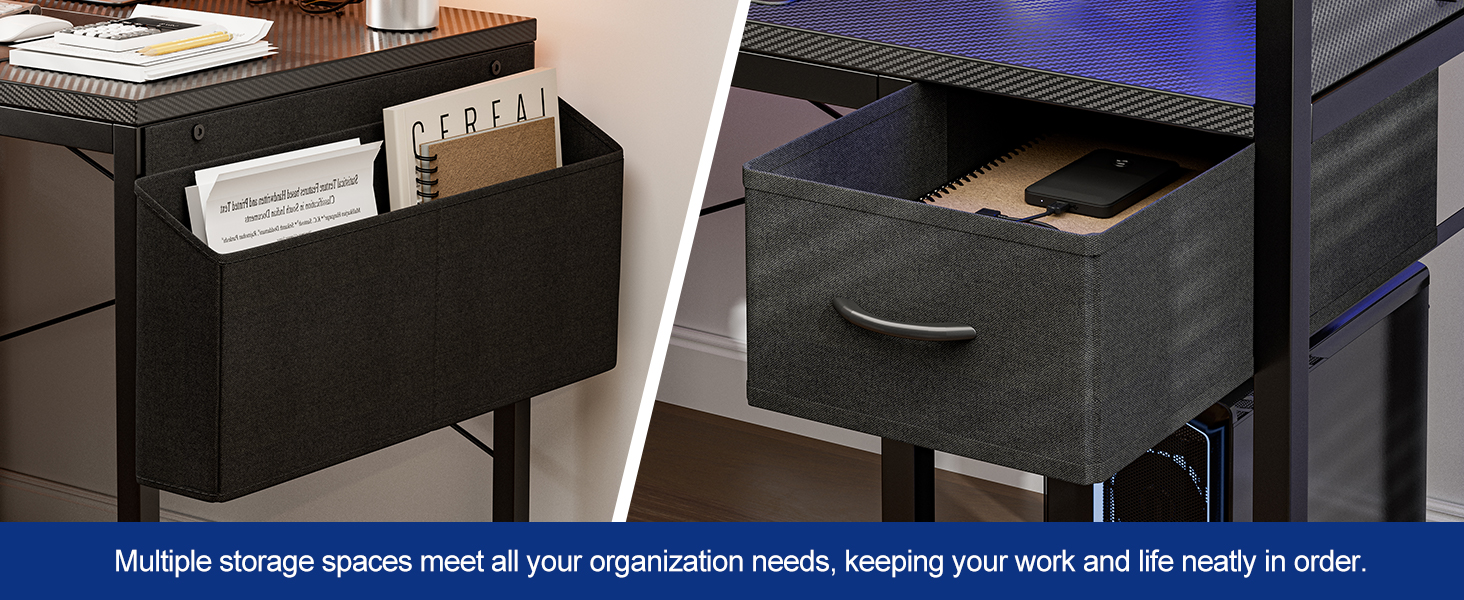 Ігровий стіл Grandder 120 см з розеткою та LED-підсвічуванням, комп'ютерний стіл з регульованими полицями та шухлядою, білий (100 x 50 см, карбоновий дизайн)