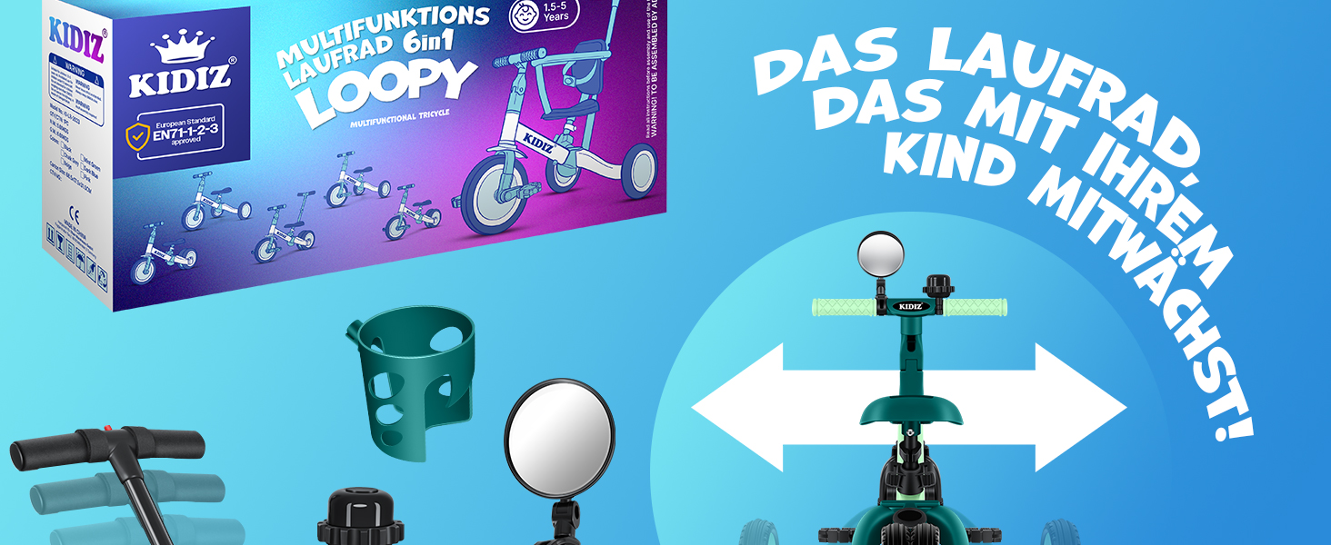 Біговел-триколіс KIDIZ 6-в-1 для дітей 1-5 років до 25 кг, з ручкою, захисним бампером, ременем безпеки, дзвінком та дзеркалом (зелений)