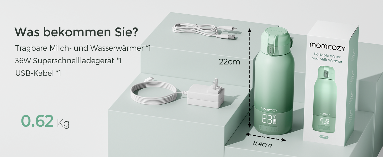 Momcozy MW05 портативний підігрівач для пляшечок, 500 мл, акумулятор 24 години, 2 режими нагріву для дитячого харчування та води, швидкий нагрів за 3 хв, зелений