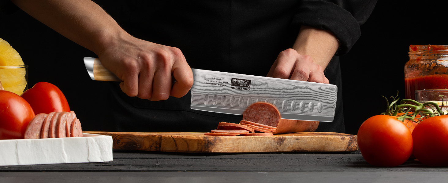 Японський ніж HOSHANHO з дамаської сталі 20 см, 67 шарів, кухонний ніж, надзвичайно гострий, з ергономічною ручкою оливкового кольору (16.5 см Nakirimesser)