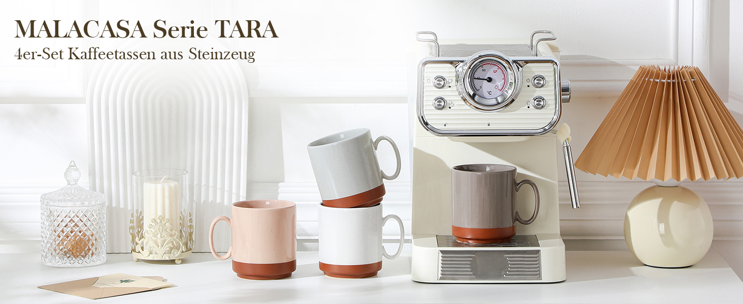 MALACASA Набір посуду з 24 предметів для 6 осіб, керамічний сервіз з реактивною глазур'ю, тепла колірна гамма. Включає: 6 тарілок для їжі, 6 тарілок для десерту, 6 супових тарілок, 6 мисок для мюслі. Колір: білий з коричневим низом (4 чашки для кави, багатоколірні).