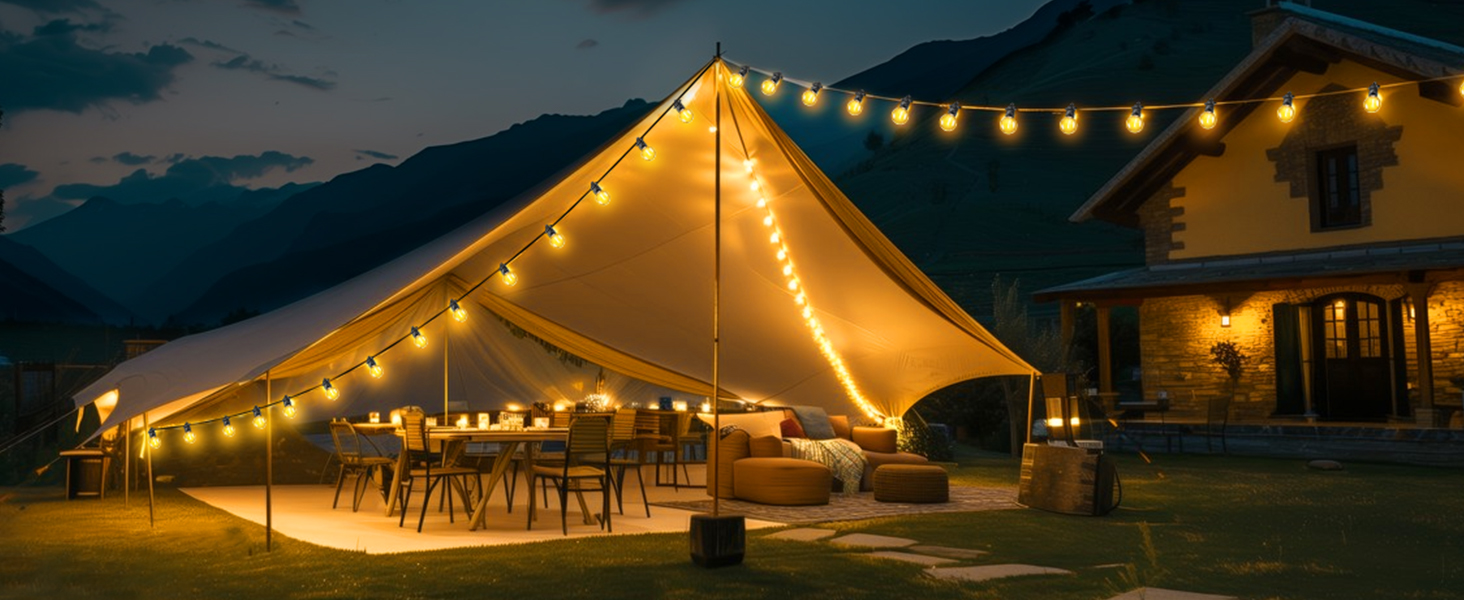 Ланцюжок прикрас для зовнішнього використання, 10м, G40 лампочки. Водостійкий (IP68), диммування, з пультом ДУ. Ідеально для балкона, павільйону, саду, тераси, вечірки, весілля.