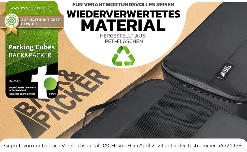 Набір компресійних органайзерів для подорожей BACK&PACKER® (6 предметів) — сумки-пакувальники з переробленого матеріалу для валізи та рюкзака, включаючи мішок для вологого одягу, чорний