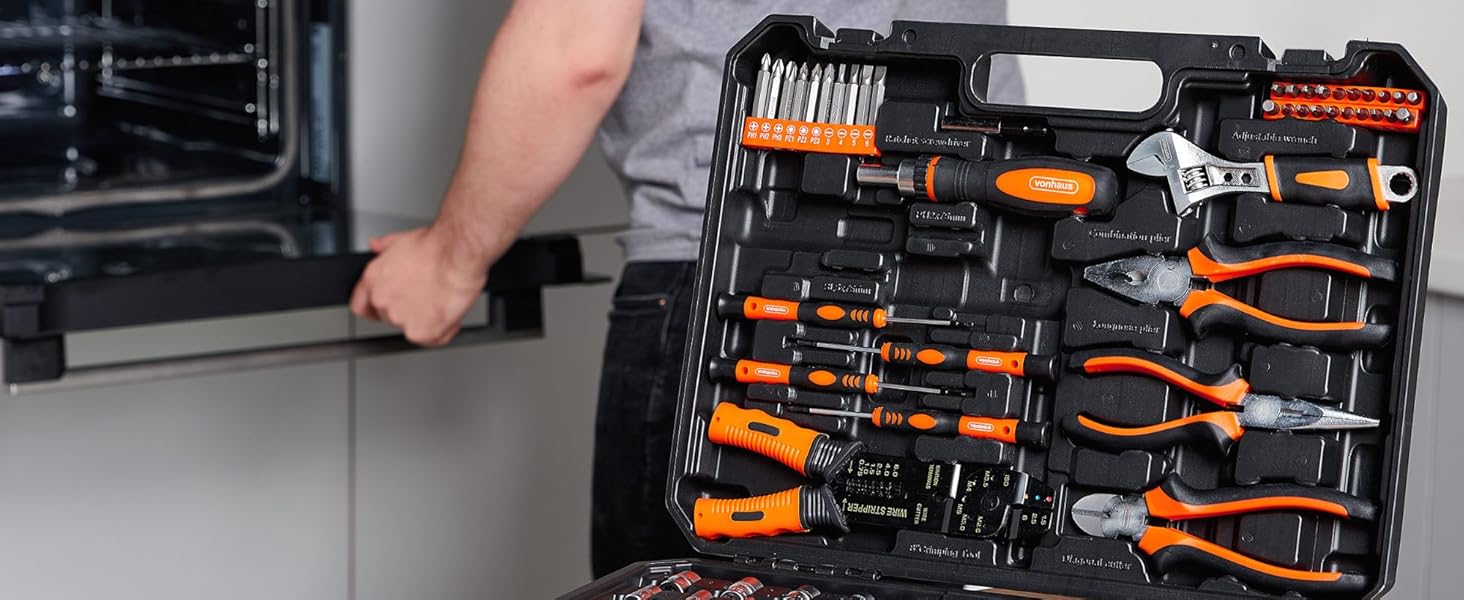 Набір інструментів VonHaus 120 предметів в кейсі: LED ліхтарик, рулетка 3м, шестигранники, DIY для початківців