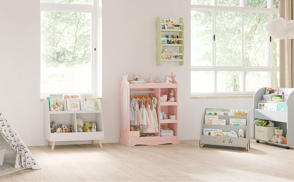 Дитяча шафа LUE BONA з дзеркалом та штангою, 3 гачками та відкритими полицями, 85 x 34 x 112 см, білий колір