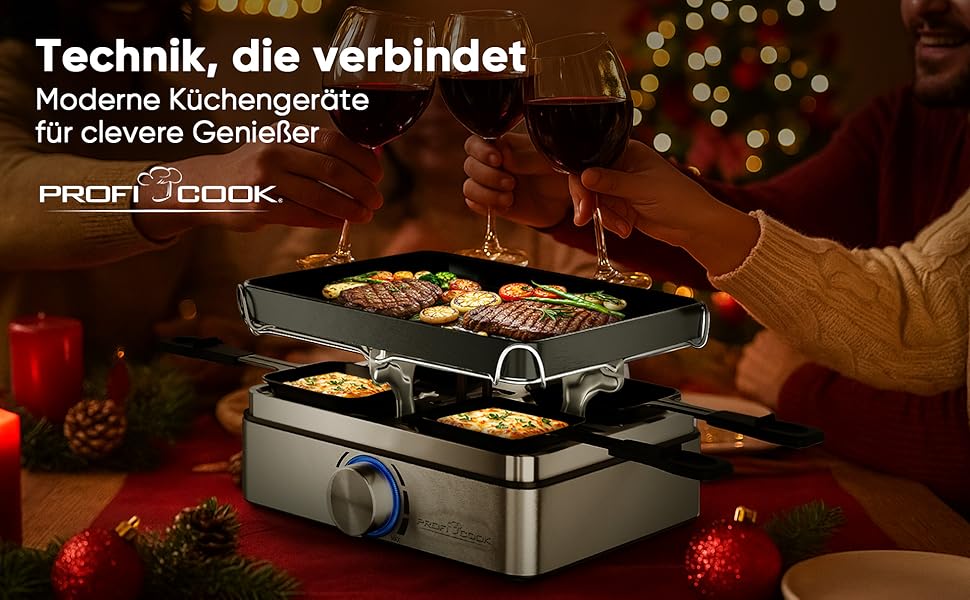 Raclette ProfiCook RG 1301 для 4 осіб | з 4 сковорідками та шпателями | Ракле | 800W