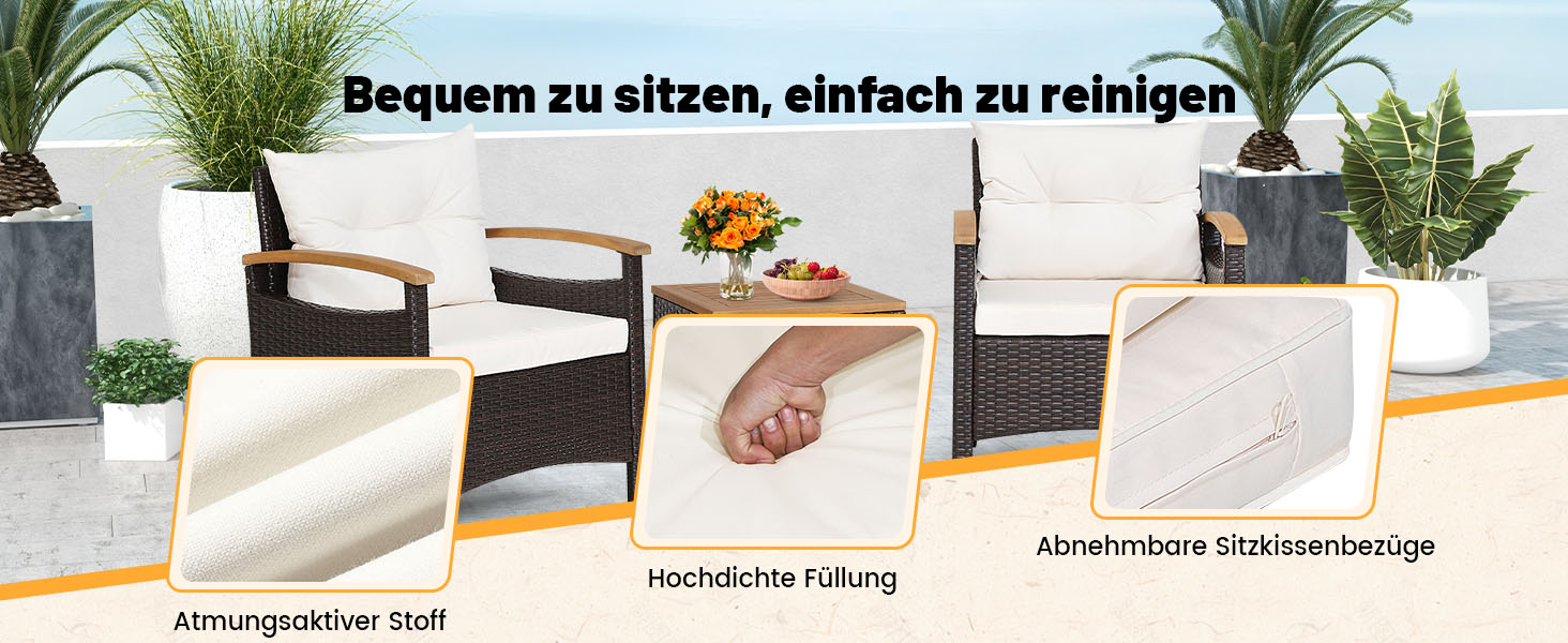 Набір садових меблів GIANTEX 5 предметів: 2 крісла, 2 пуфи та столик - ротанг, кремово-білий колір, для саду та балкону