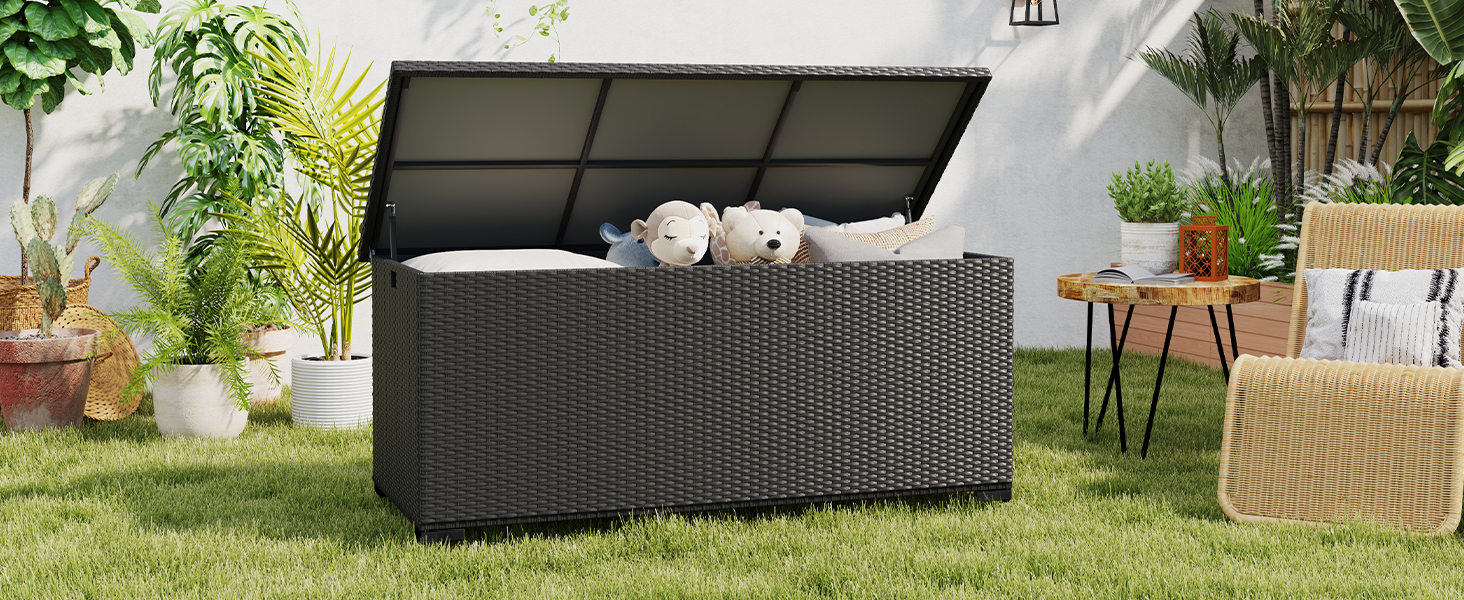 Скриня для подушок садових Polyrattan Amopatio 650л, водонепроникна, з газліфтом, чорна. Ящик для зберігання речей на вулиці для саду, балкону