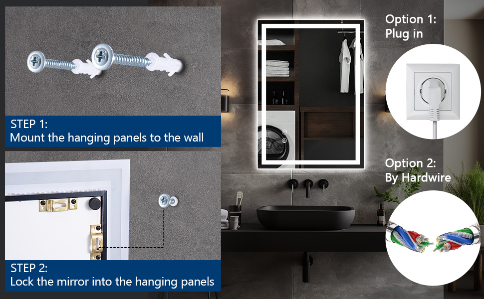 Дзеркало для ванної кімнати Youyijia з підсвічуванням, 70x50 см, антизапарник, сенсорний вимикач, 3 кольори світла, регулювання яскравості