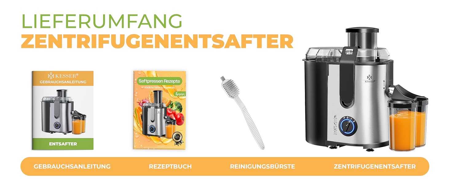 Електрична соковитискачка KESSER® Zentrifuge з нержавіючої сталі, 1100W, велика трубка для завантаження, 3 швидкості, сірий/сріблястий колір