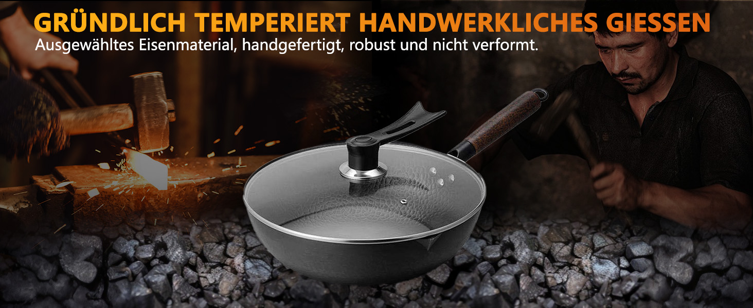 LIYGAOF Вок з кришкою 32 см з чавуну: Вок для всіх типів плит, кована чавунна сковорода, без хімічного покриття, легко миється