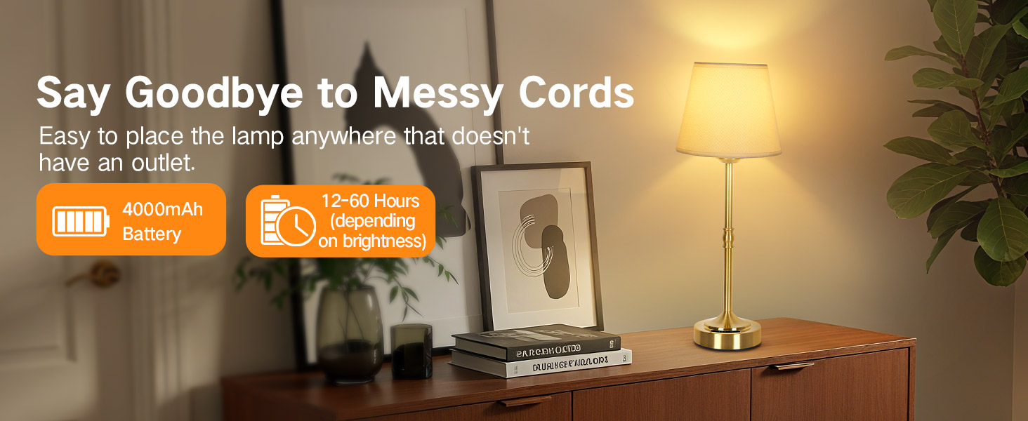 OUTON Настільна лампа бездротова, 2 шт. – диммування, 3 кольори світла, 4000mAh, USB-C, 60 год роботи, золота для спальні, вітальні, їдальні