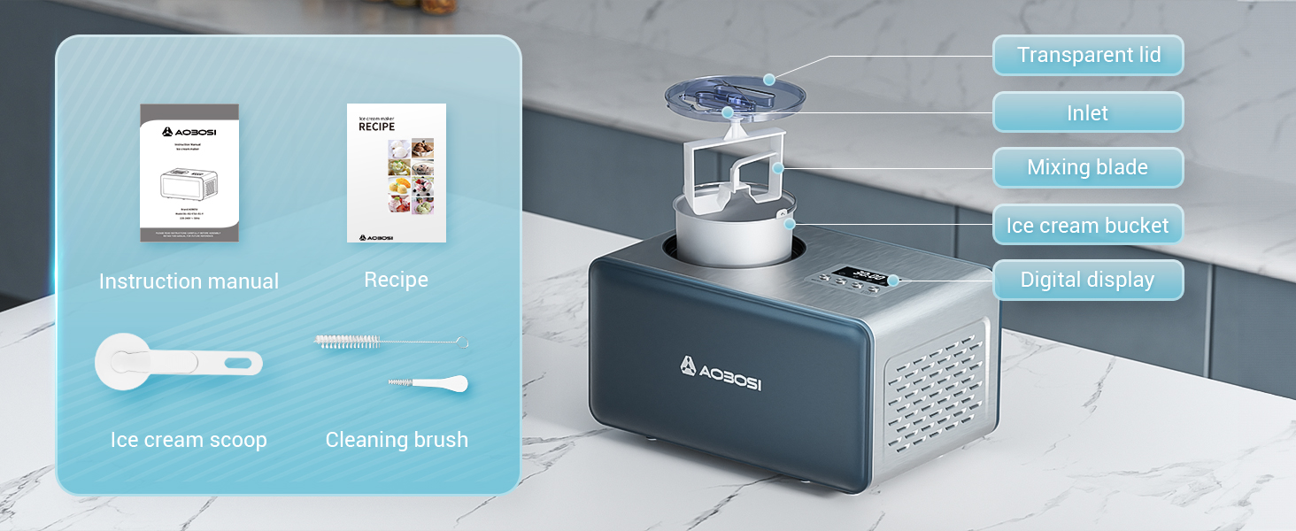 AAOBOSI Морозивниця 1.5 л з компресором, 4 режими, LCD-дисплей, без попереднього заморожування, довговічне охолодження, для м'якого морозива та сльошу, Springlane