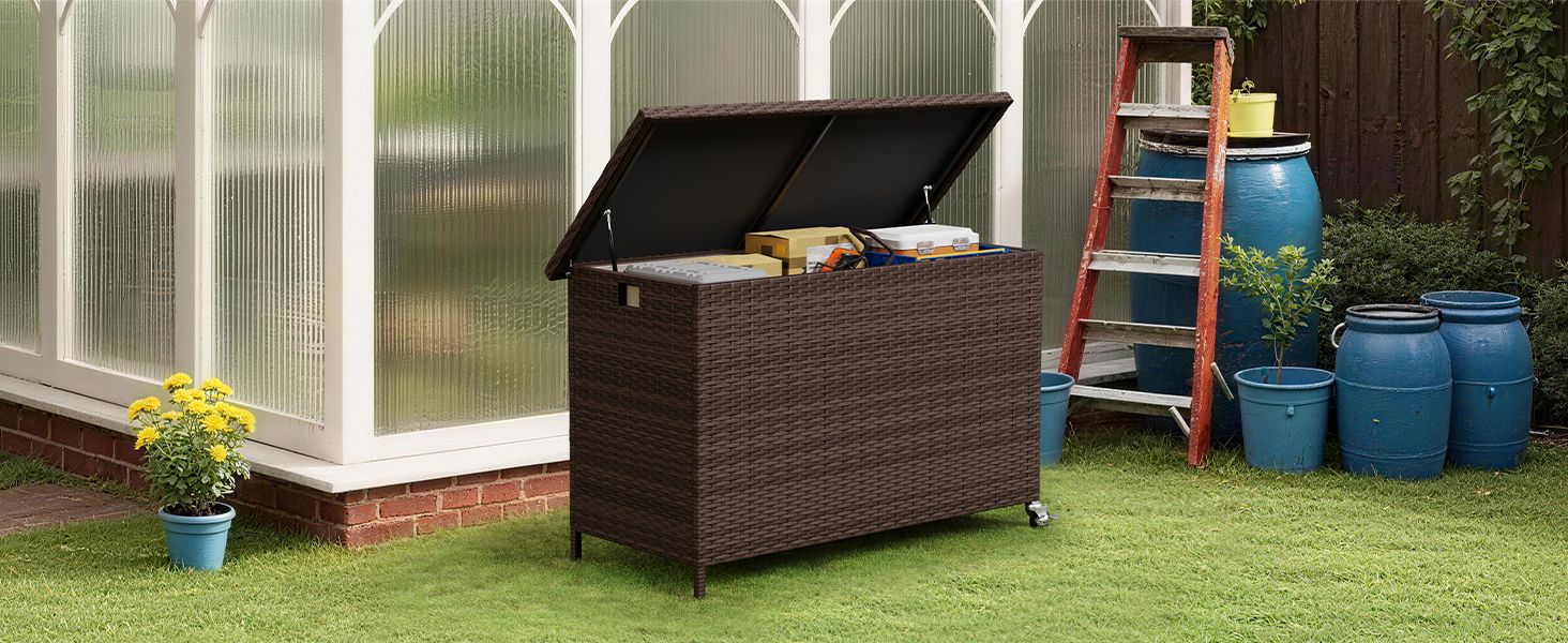 Водонепроникний садовий ящик Amopatio Gartenbox 480л з поліротангу, металевий з колесами та газліфтом для саду, балкону - коричневий