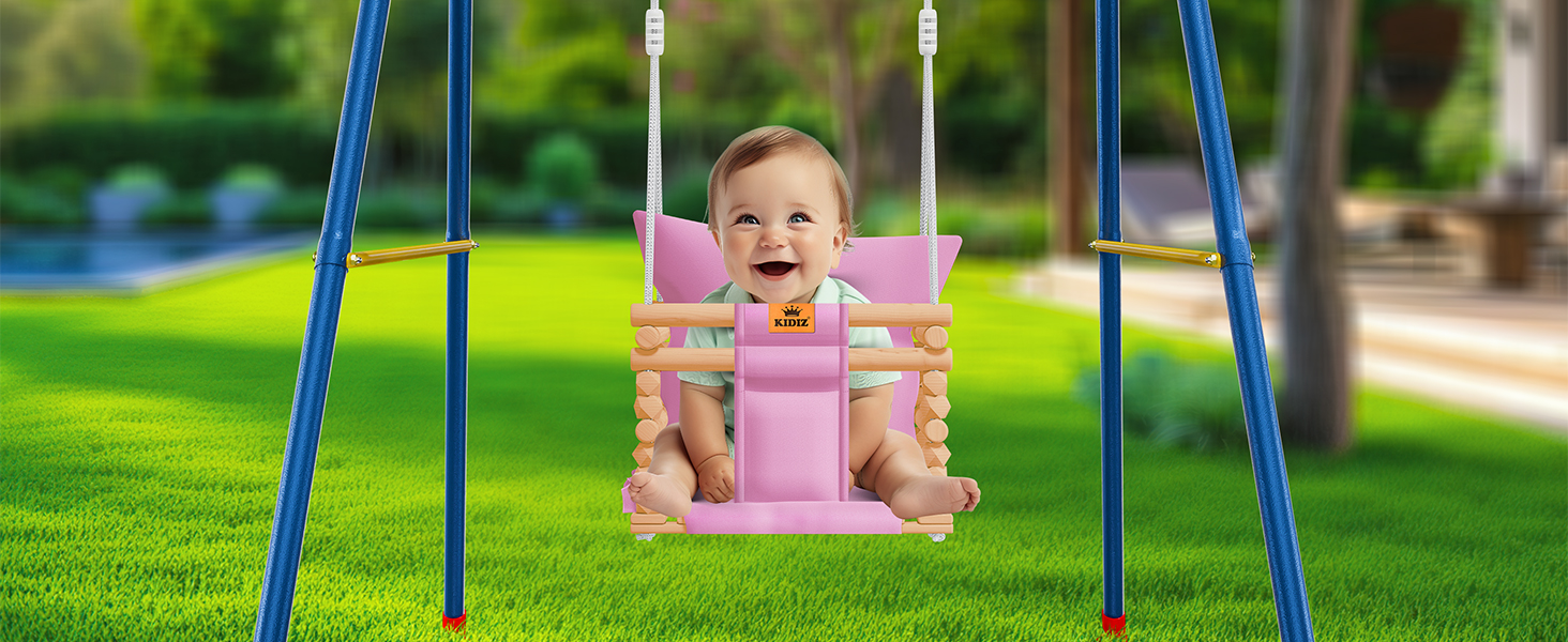 Дитячий гойдалка-колиска KIDIZ® для немовлят від 6 місяців та малюків до 3+ років. Дерев'яна гойдалка з регульованою висотою та м'якою подушкою. Для дому та вулиці, антрацит.