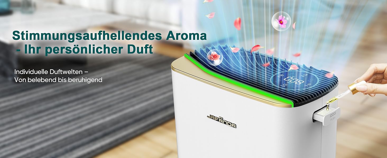 Повітряний фільтр Jafända HEPA для алергіків: очищувач повітря з аромадифузором та фільтром з активованим вугіллям, видаляє 99,97% цвілі, пилу, пилку, CADR 268 м³/год (Золотий)