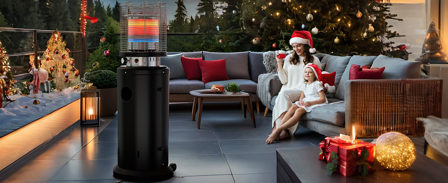 Газовий обігрівач для тераси TLSUNNY з захисною кришкою, на колесах, з піроелектричним запалом, чорний (Газовий балон не входить у комплект)