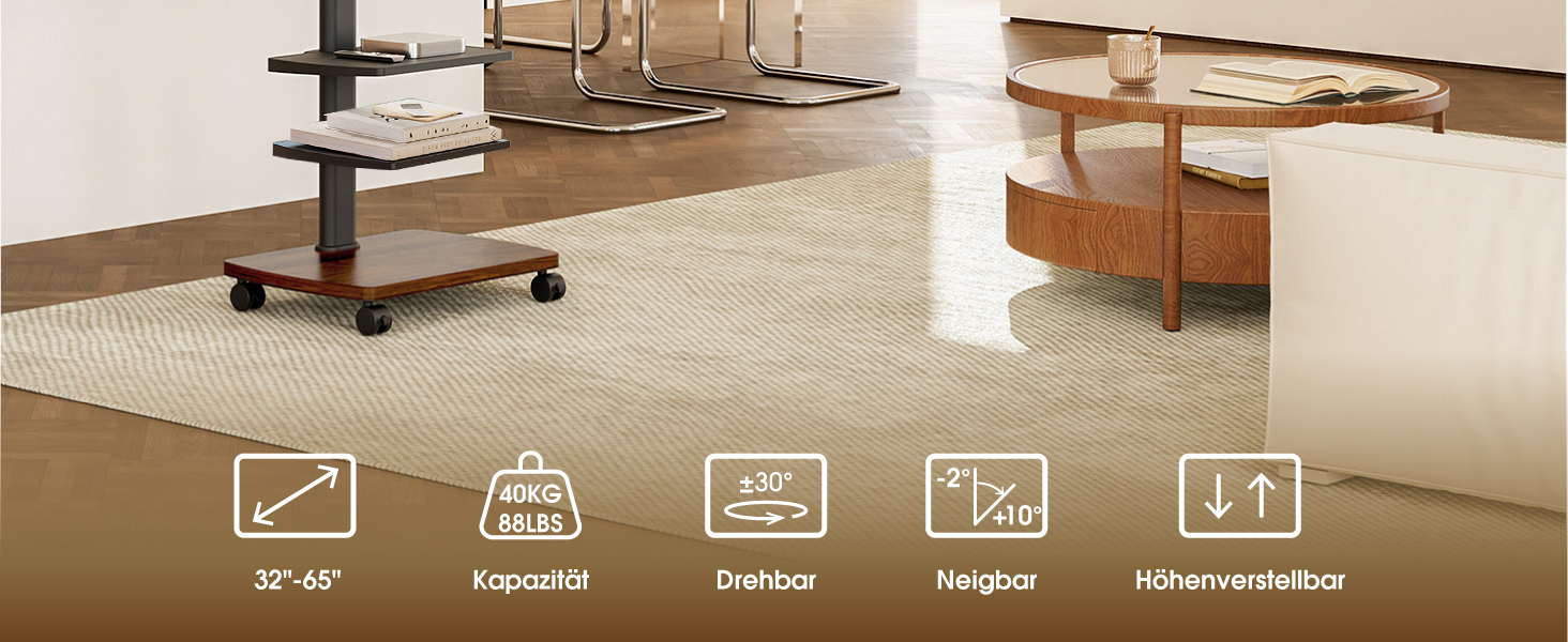 Підставка для телевізора мобільна з поличками Holzablage 32-65 дюйми, чорний/вінтажний коричневий, до 40 кг, VESA 400x400