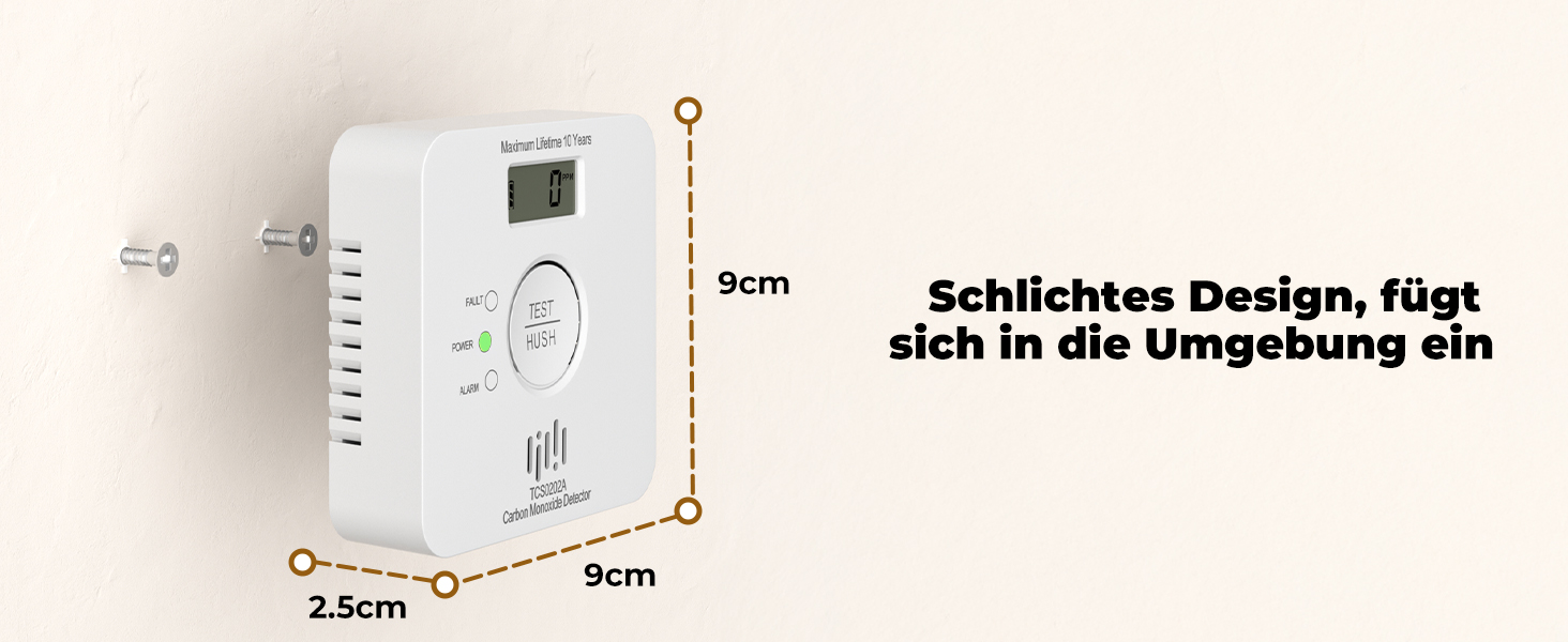 Детектор чадного газу LIORQUE з LCD-дисплеєм, батарея та сенсор на 10 років, гучний сигнал 85 дБ, сертифікація EN 50291, білий