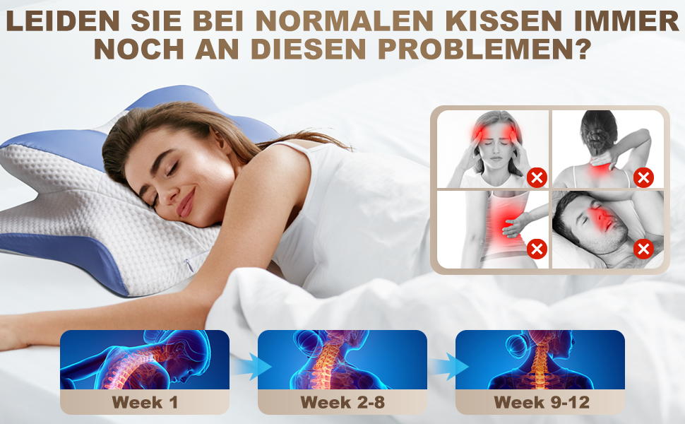 Ортопедична подушка для шиї та плечей - подушка з Memory Foam для сну на спині, боці та животі, ергономічна подушка з підтримкою шиї (66 x 40 x 14 см) - 1 шт.