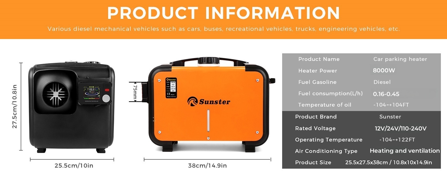 Дизельний опалювач 8kW з Bluetooth, 12V/24V/230V для вантажівки, автодому, транспорту. Автоматичний старт-стоп, 2025 (Помаранчевий)