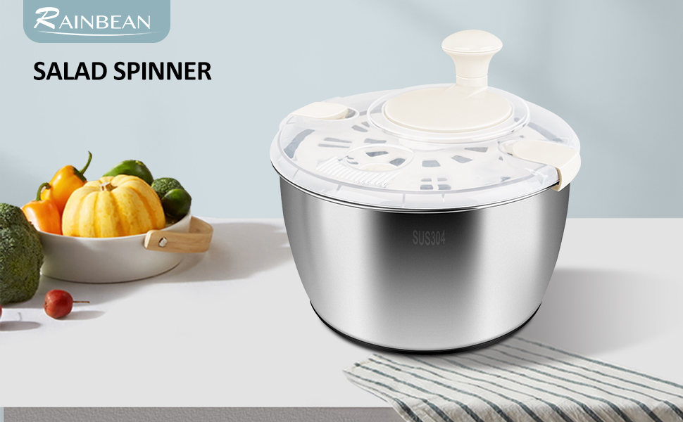 RAINBEAN Салатниця-сушарка велика з нержавіючої сталі, 5 літрів. Миття, віджимання та сушіння овочів та фруктів.