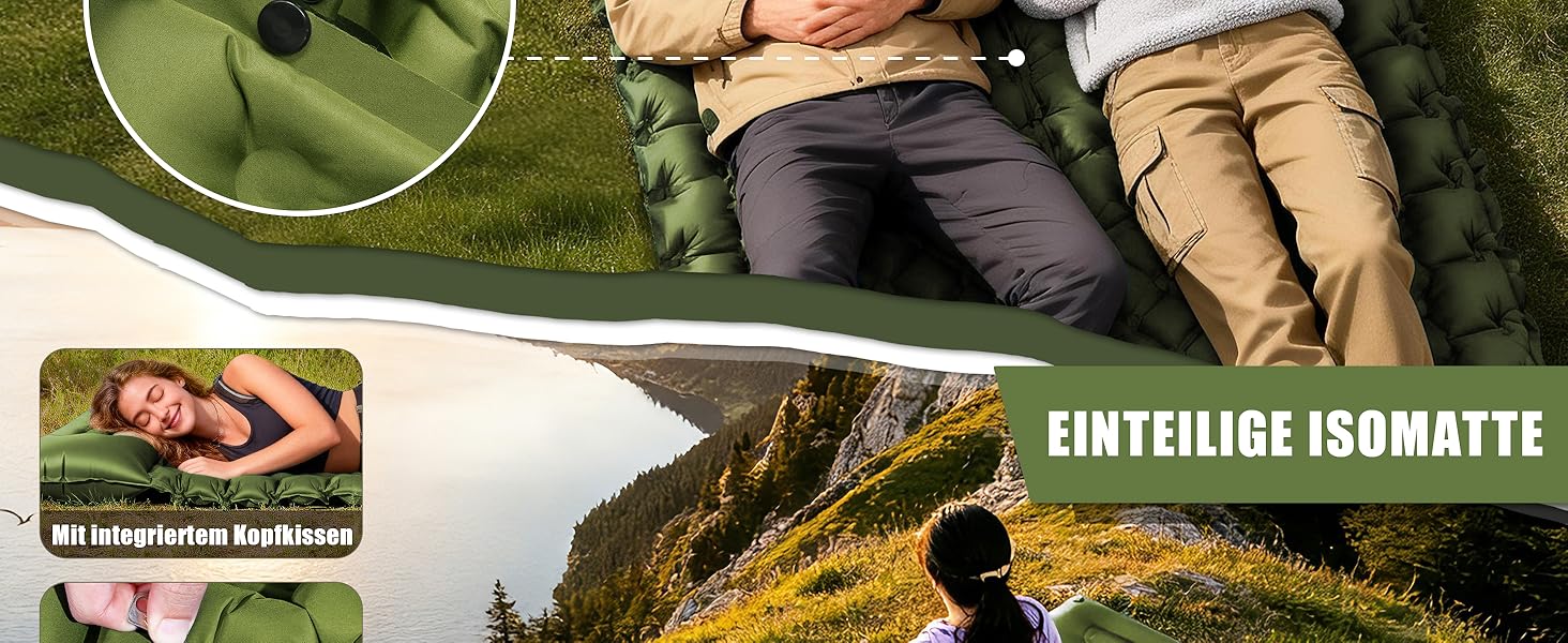 Надувний кемпінговий килимок Isomatte 9 см з вбудованим насосом та подушкою, ультралегкий туристичний матрац для походів та бекпекінгу (Зелений)