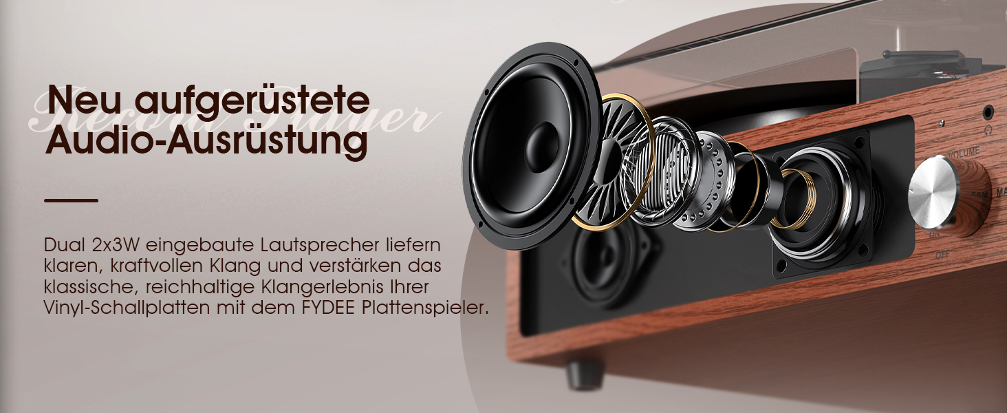 Вініловий програвач FYDEE з Bluetooth, ретро-програвач пластинок із вбудованими стереодинаміками, 3 швидкості (33/45/78 об/хв), RCA-вихід, AUX-вхід, корпус з горіха