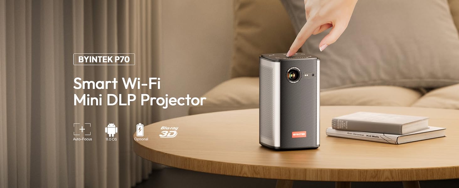 BYINTEK P70 Mini 3D проектор: портативний LED проектор з Wi-Fi, Android 9.0, підтримка 1080P/4K, акумулятор, сумка та штатив (сірий)