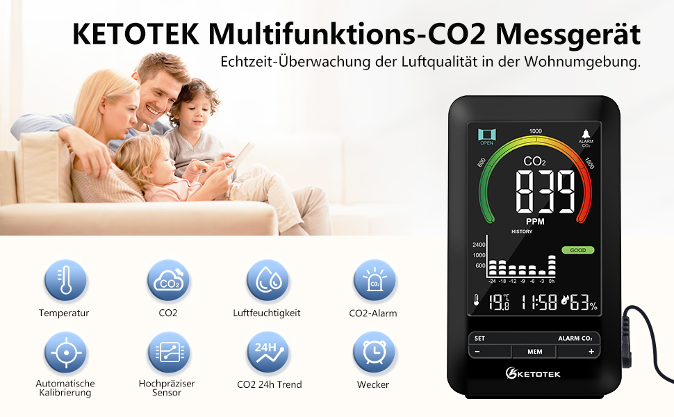 Вимірювач CO2 KETOTEK, монітор якості повітря з датчиком та рекомендаціями, вимірювання температури та вологості