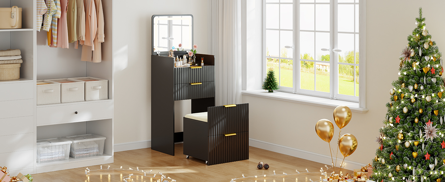 Трюмо Lvifur з LED-дзеркалом та 3 шухлядами, кутовий, для спальні, квартири, гуртожитку, білий (чорний)