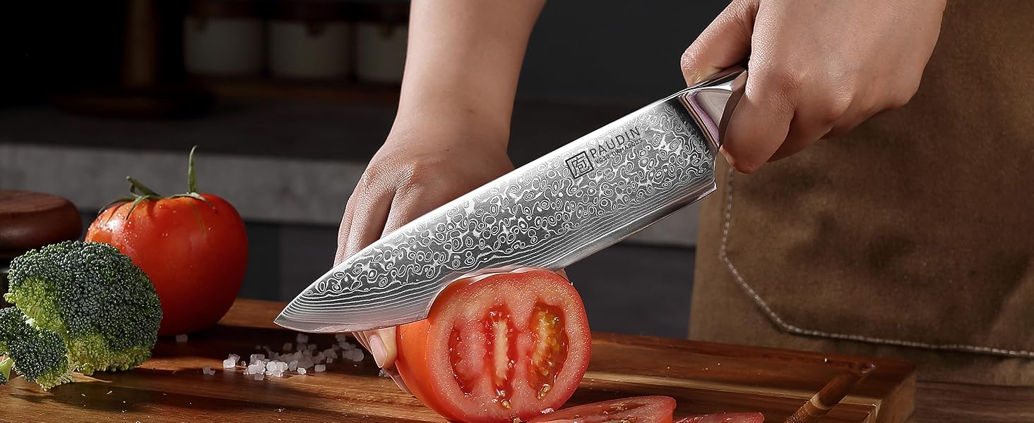 PAUDIN Profi: Ніж кухонний з лезом з нержавіючої сталі, 20 см, Дамаск, Ергономічна ручка, для професійних та аматорських кухарів, подарунок