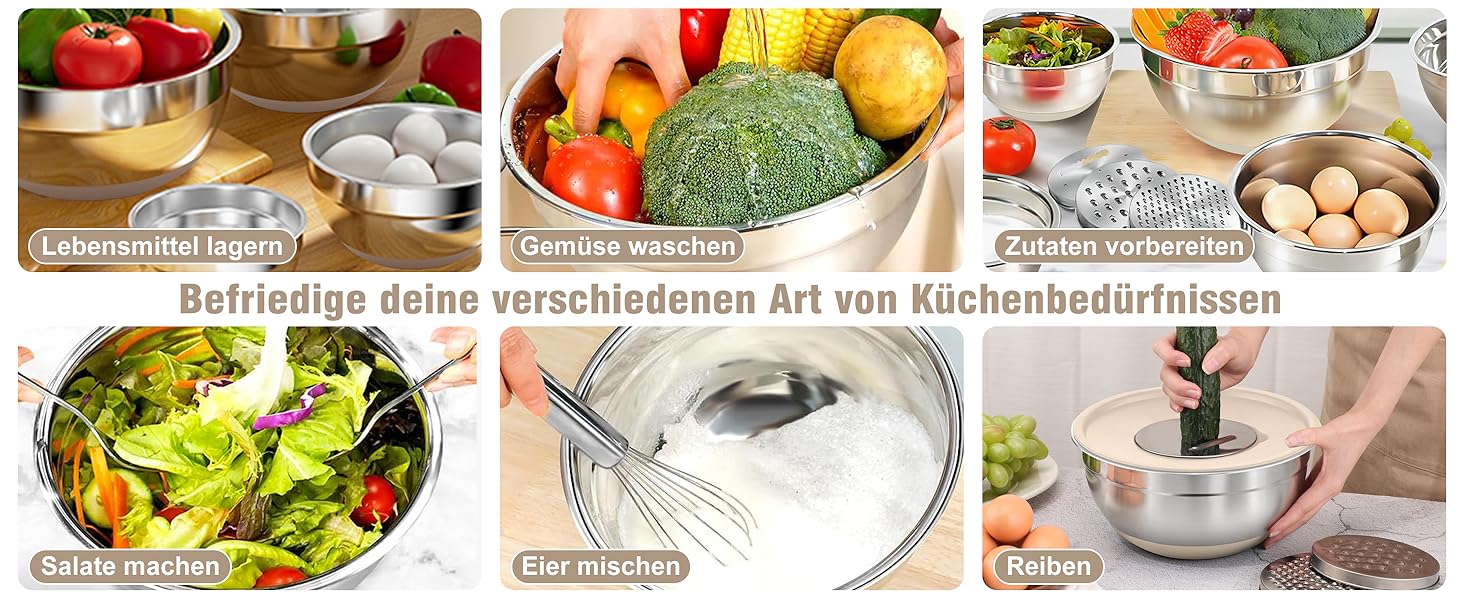 Набір місок для перемішування BEWOS 7 шт. з кришкою, нержавіюча сталь, з терткою, вкладна конструкція, розміри 0.5, 1, 1.4, 1.85, 2.35, 3.2, 4 л для змішування та подачі