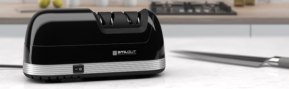 Електричний точило для ножів StilGut Profi — професійний діамантовий гострило з грубим та тонким шліфуванням, безшумний, чорний (Версія 2020 F)