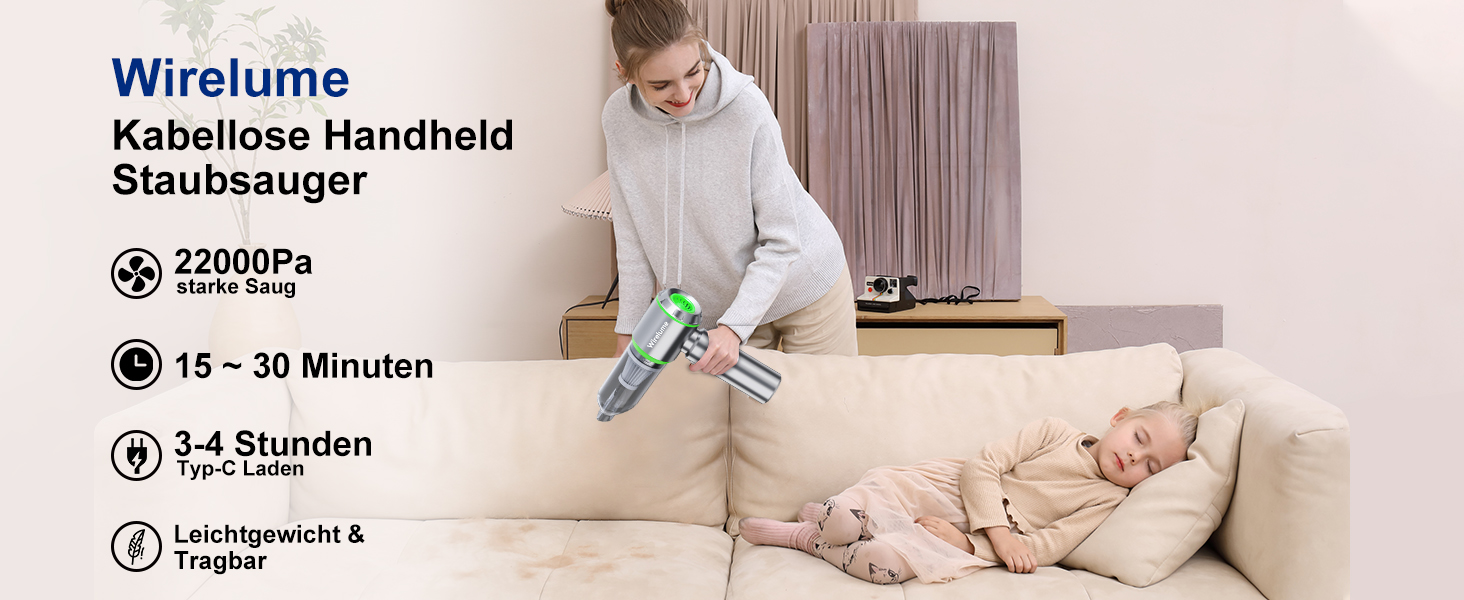 Акумуляторний ручний автомобільний пилосос 4 в 1, бездротовий міні-пилосос 22000 Па, потужний циклонний прибирання, 3 режими потужності, портативний для авто та шерсті тварин (Сріблястий)