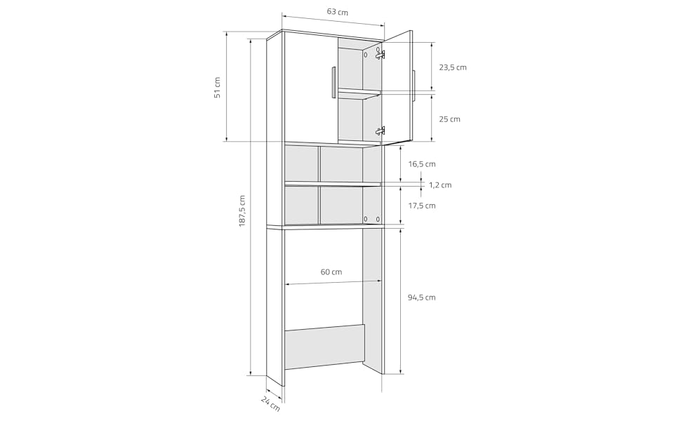 Шафа для пральної машини ECD Germany, 2 двері та відділення, 187,5x63 см, Oak Look (Дуб сучкуватий)