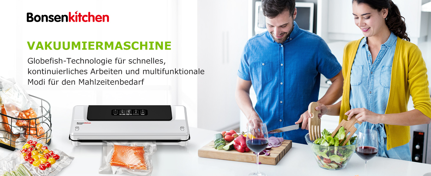 Вакууматор для продуктів Bonsenkitchen — швидкий вакуумний пакувальник з функцією запайки, білий (комплект: 5 пакетів та шланг)