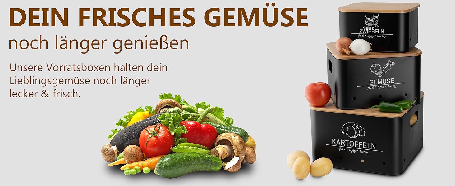 Коробки для зберігання картоплі та овочів MNKsolution (3 шт.) - Чорні контейнери для картоплі, овочів, цибулі та часнику - Органайзер для кухні
