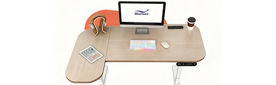 Електричний кутовий стіл з регулюванням висоти 150см, L-подібний, з 4-ма пам'ятями, з'єднувальною пластиною, для дому та офісу (150x68см, світло-коричневий-помаранчевий)